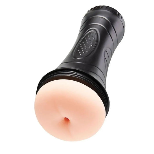 Black fleshlight with a realistic human skin texture on a white background