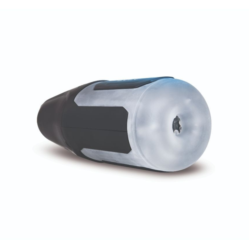 Black and clear cylindrical auto stroker on a white background