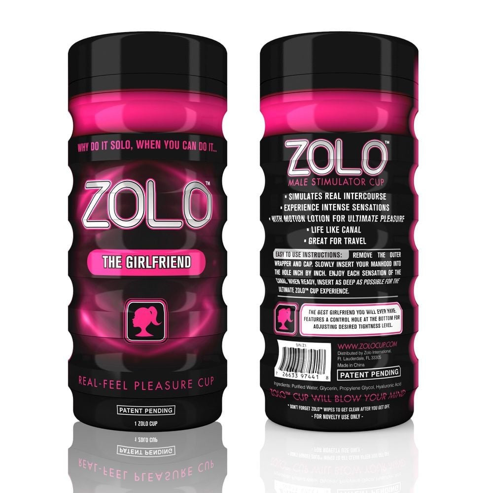 Zolo male stimulator cup packaging with pink and black design on a white background