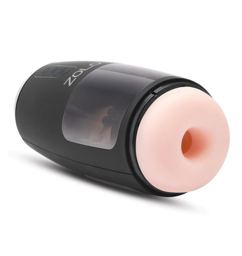 Black and pink cylindrical masturbator with 'Zolo' branding on a white background