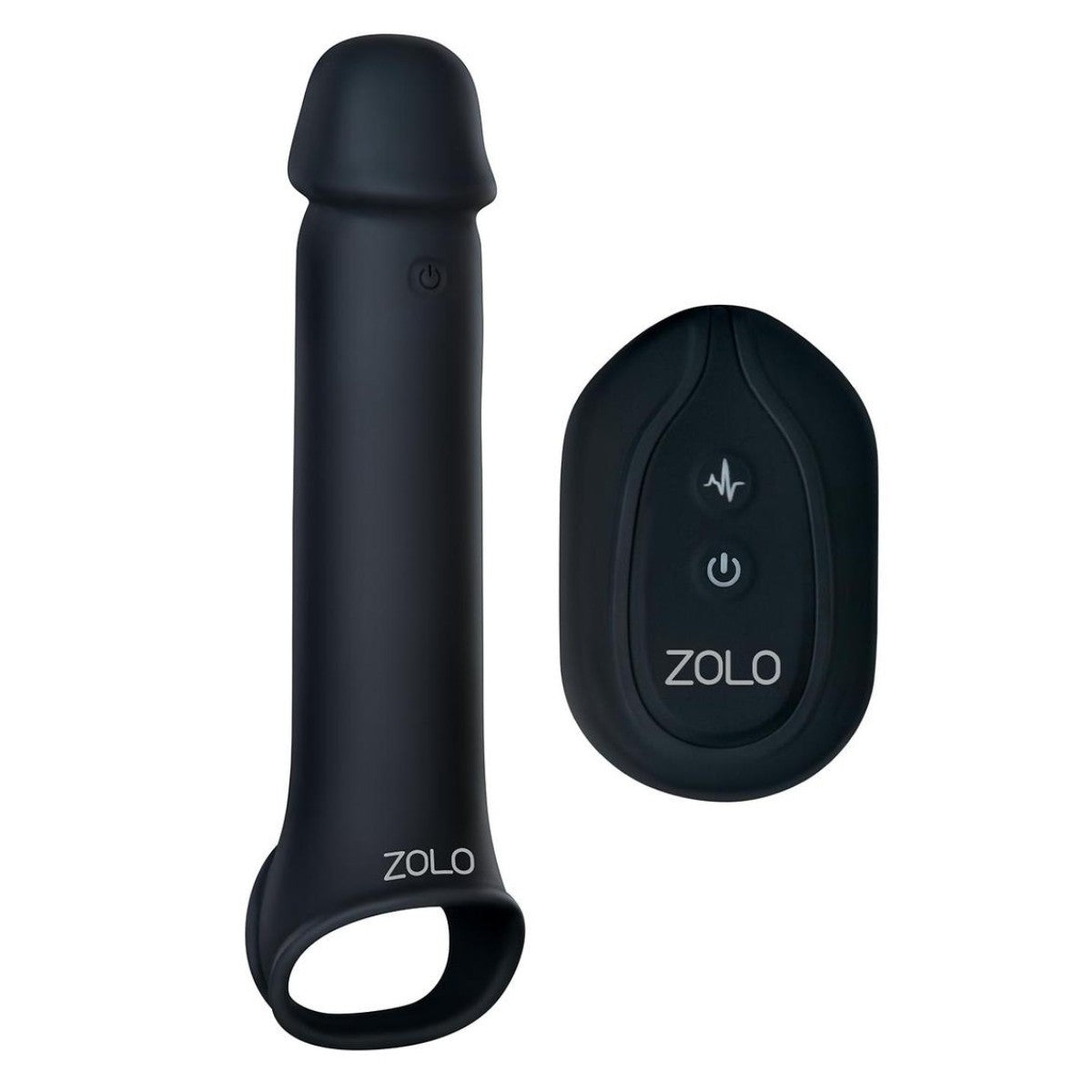 Black Zolo vibrating penis extender on a white background