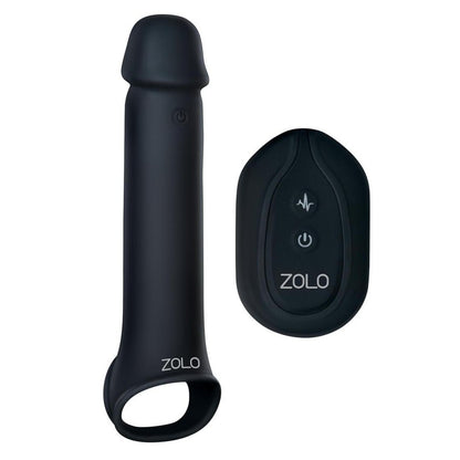 Black Zolo vibrating penis extender on a white background