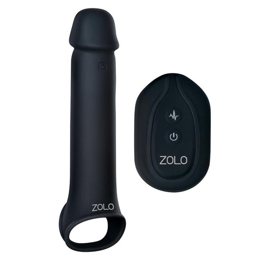 Black Zolo vibrating penis extender on a white background