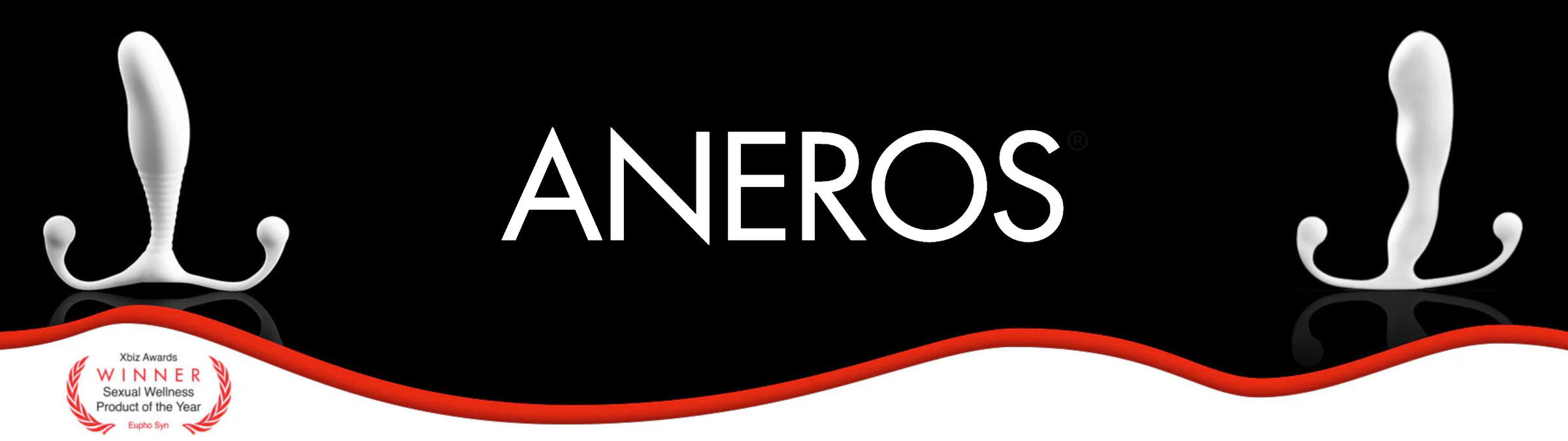 Aneros logo with two white prostate massagers on a black background