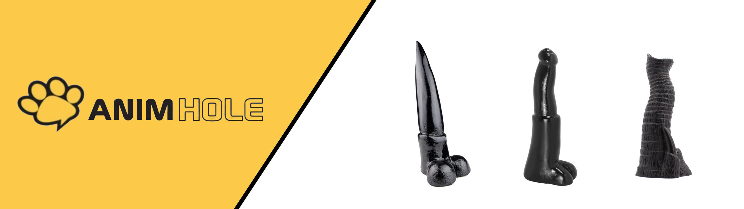AnimHole logo on a yellow background with three black fantasy dildos displayed.