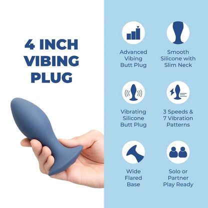 4-inch vibrating plug with product features on a blue background