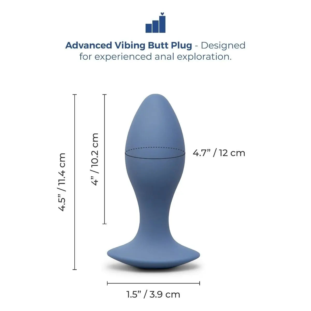 Blue vibrating butt plug with measurements on a white background