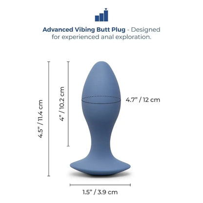 Blue vibrating butt plug with measurements on a white background