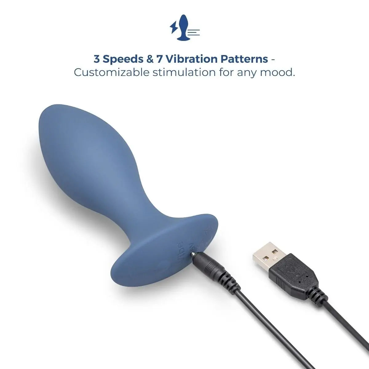 Blue silicone device with USB cable on a white background