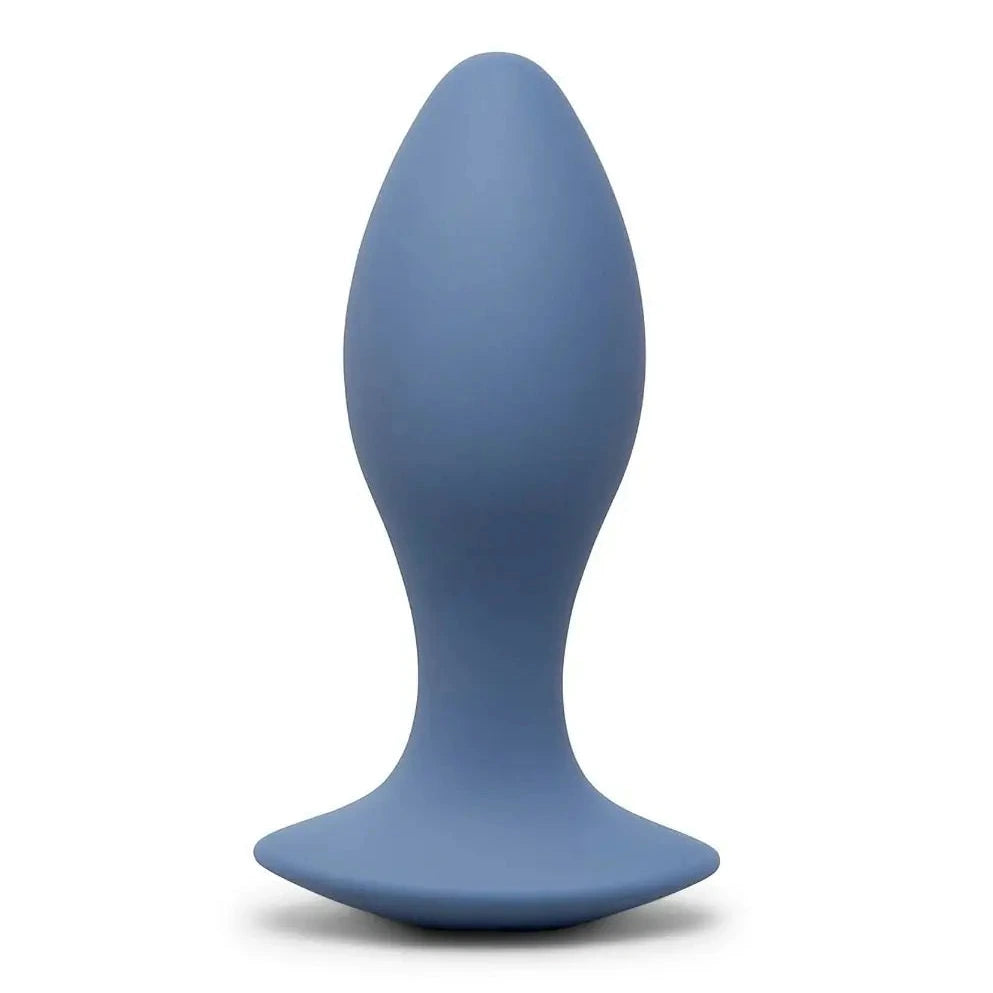 Blue silicone butt plug on a white background