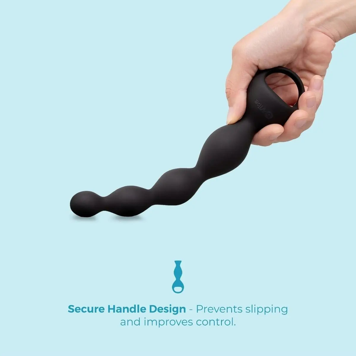 Hand holding a black wavy anal beads handle against a light blue background with text about secure handle design.