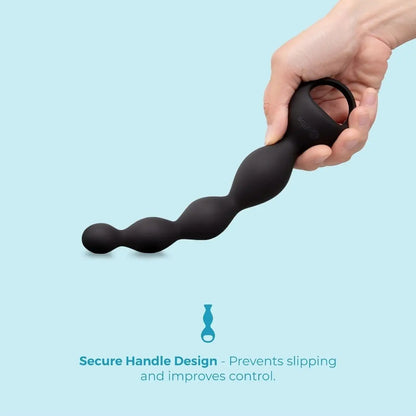 Hand holding a black wavy anal beads handle against a light blue background with text about secure handle design.
