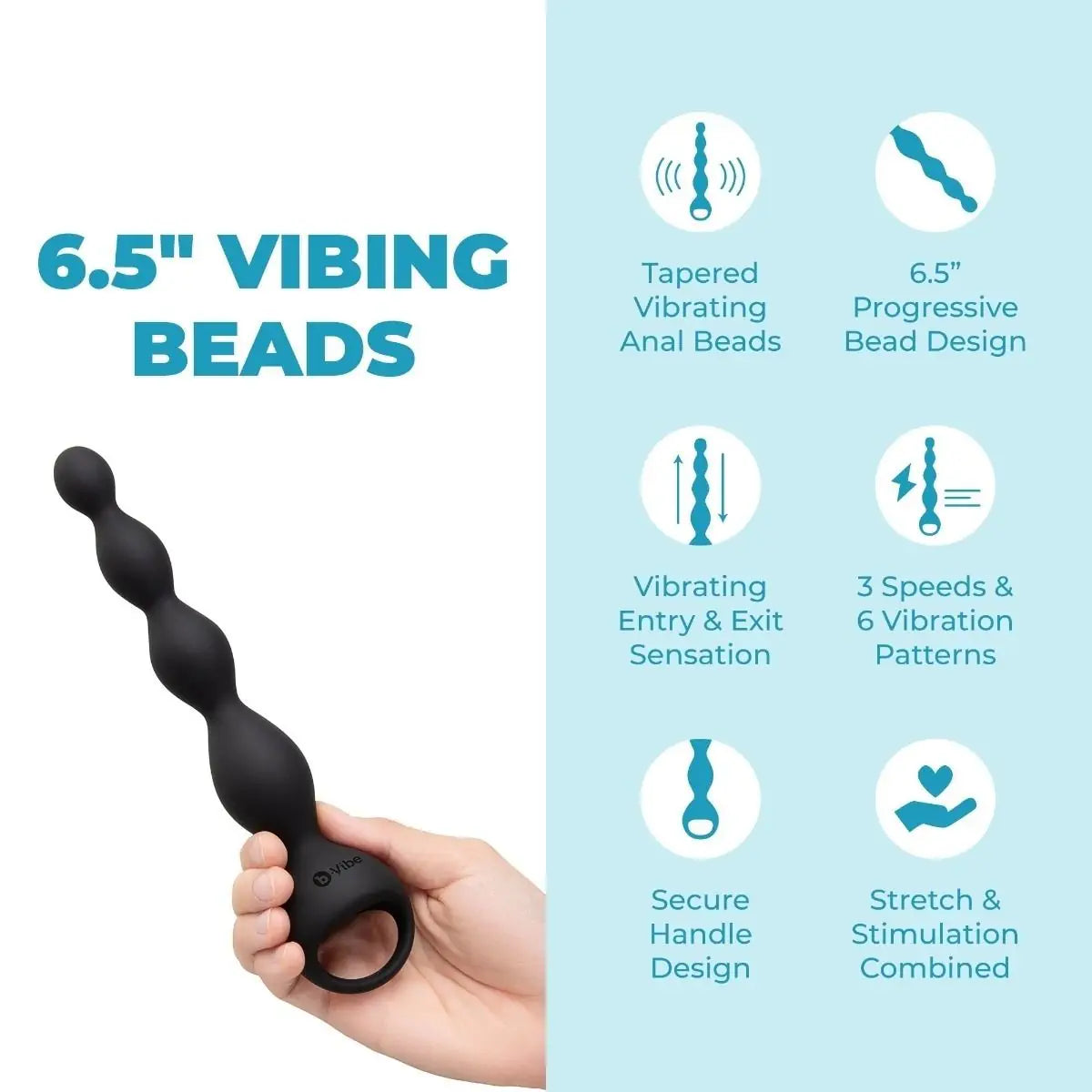 Black 6.5" vibrating anal beads with product features on a light blue background