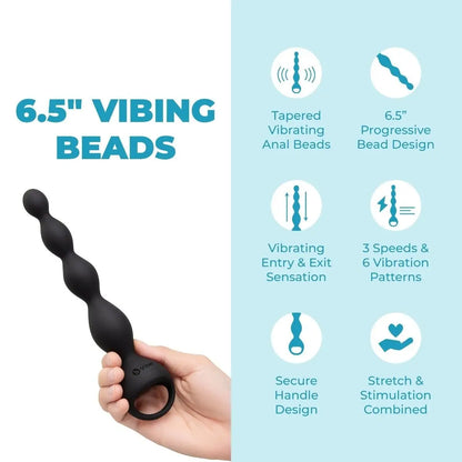 Black 6.5" vibrating anal beads with product features on a light blue background