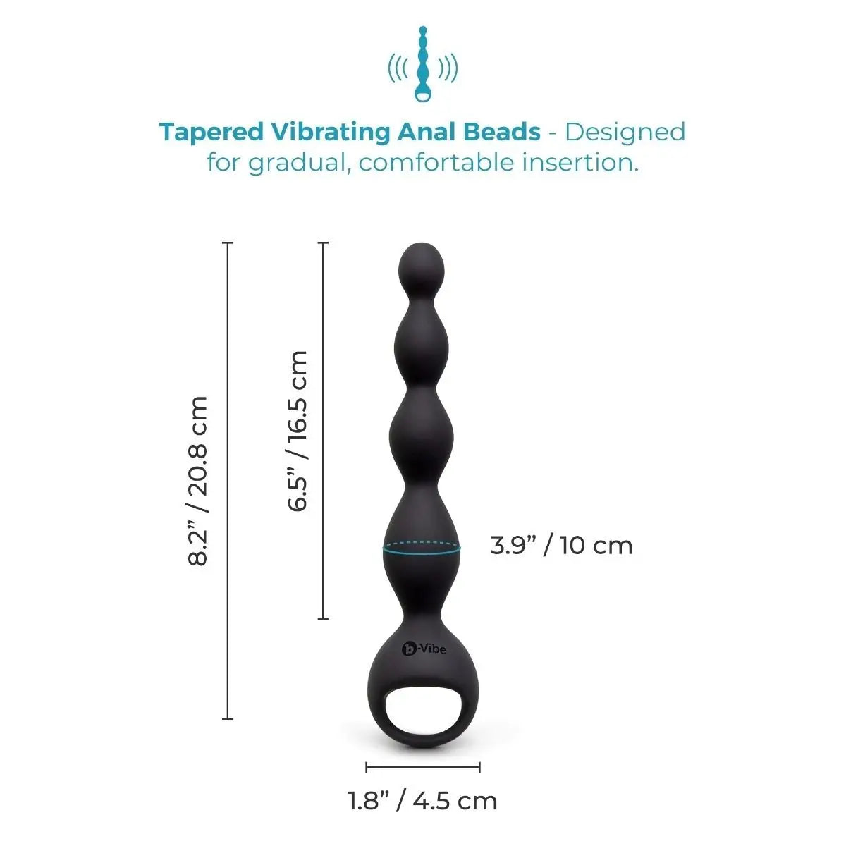 Black silicone vibrating anal beads on a white background