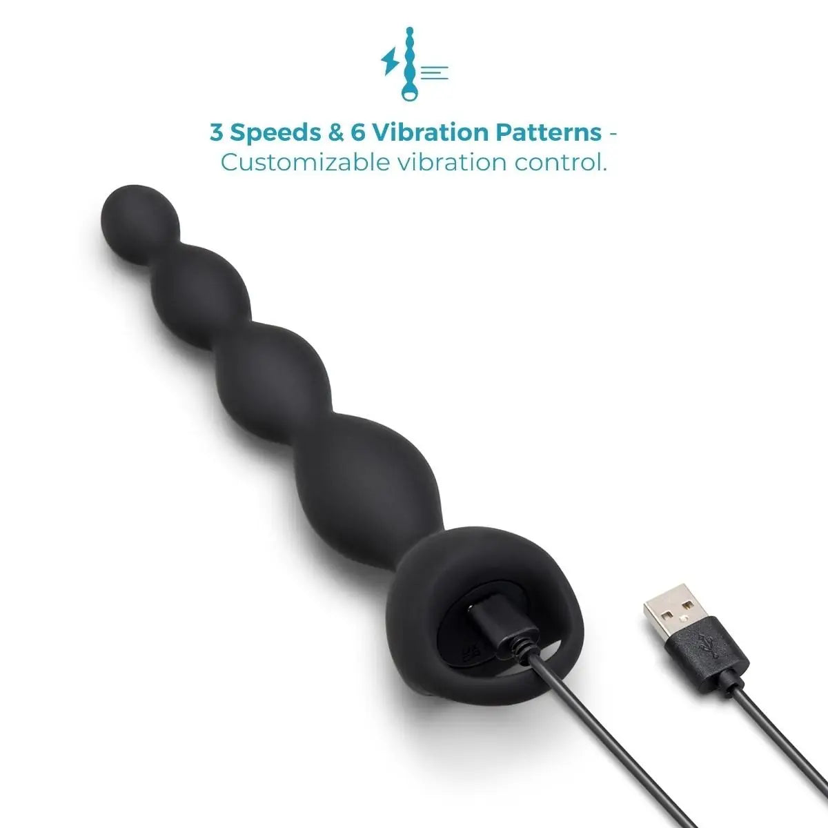 Black silicone wand with USB cable on a white background, featuring customisable vibration control text.