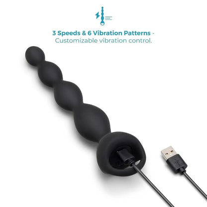 Black silicone wand with USB cable on a white background, featuring customisable vibration control text.