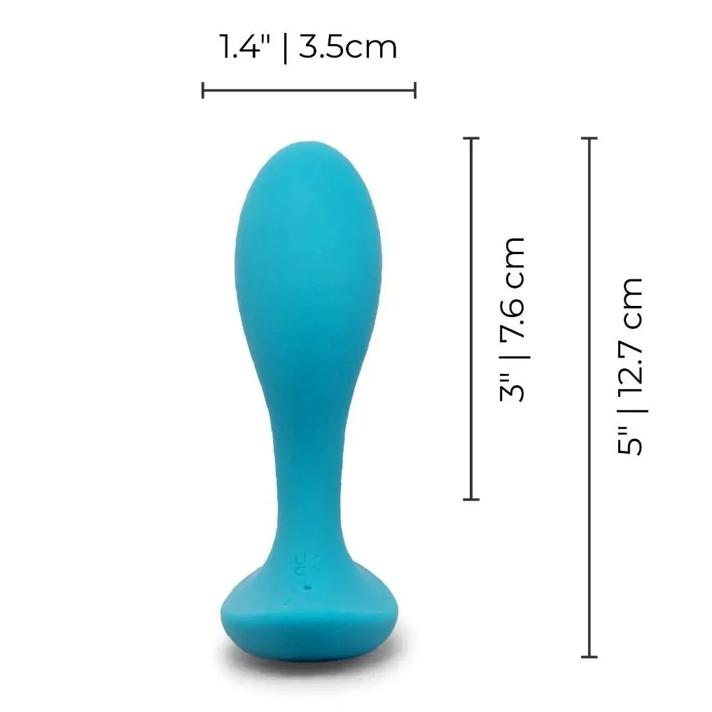 Blue silicone anal plug with measurements on a white background