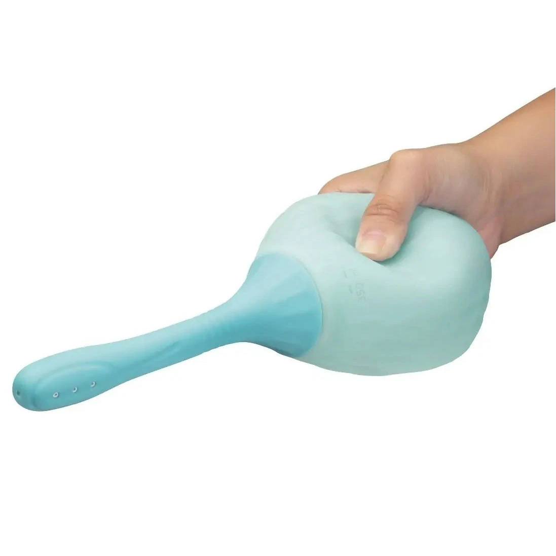 Light blue handheld anal douche held by a hand on a white background