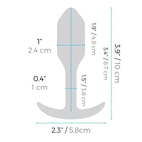 Measurement chart of a anal plug with dimensions labeled in inches and centimeters.
