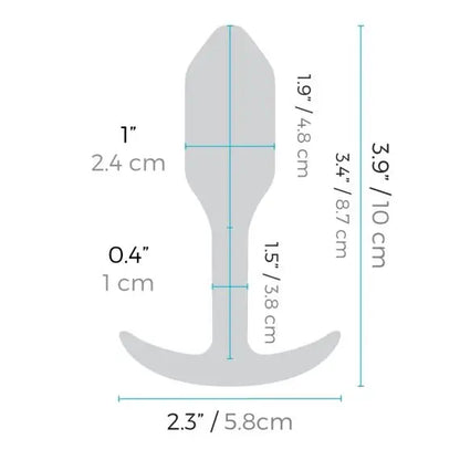 Measurement chart of a anal plug with dimensions labeled in inches and centimeters.