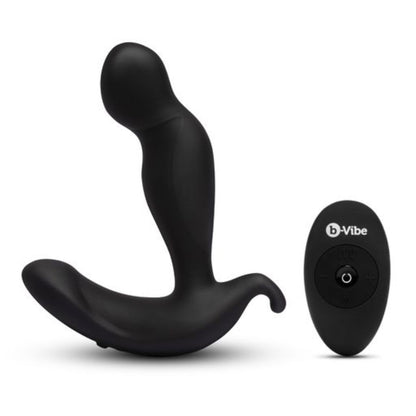 Black silicone prostate massager with remote control on a white background