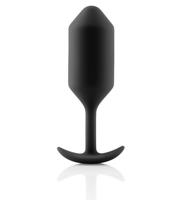 Black silicone butt plug on a white background