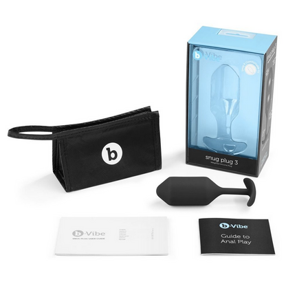 B-Vibe snug plug 3 with packaging, pouch, and guide on a white background