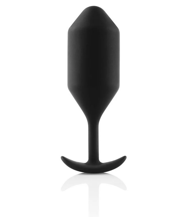 Black silicone butt plug on a white background