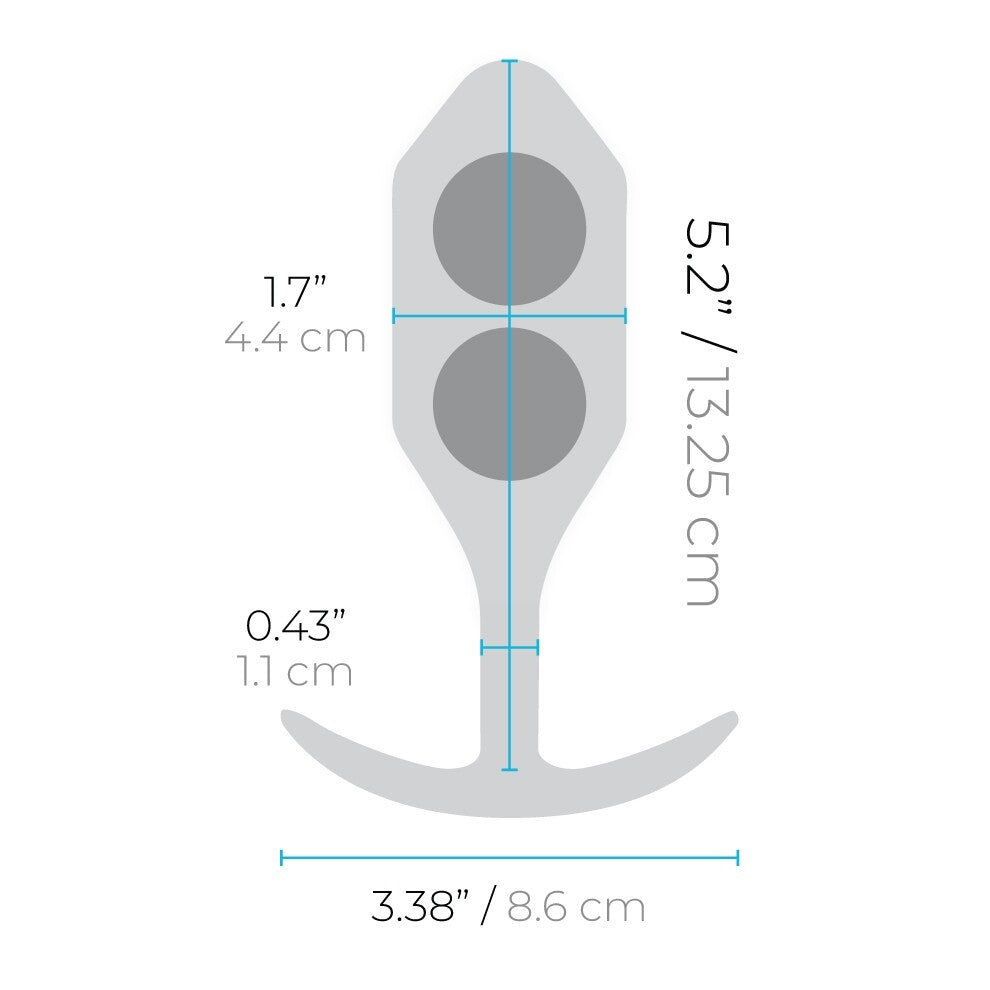 Measurement chart of a butt plug with dimensions labeled in inches and centimeters on a white background