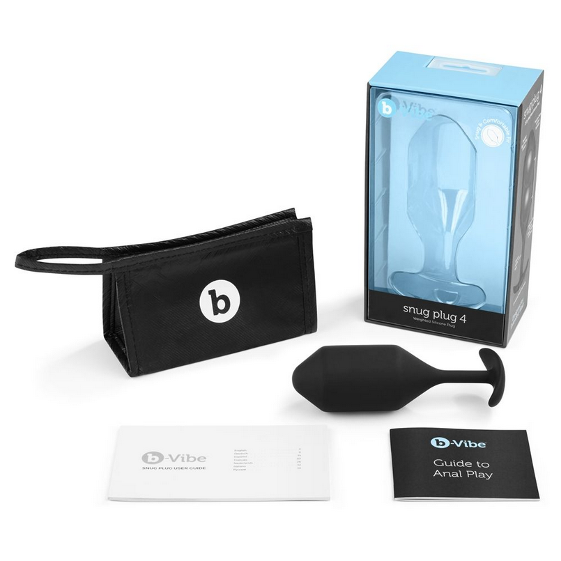 b-Vibe snug plug 4 with packaging and accessories on a white background