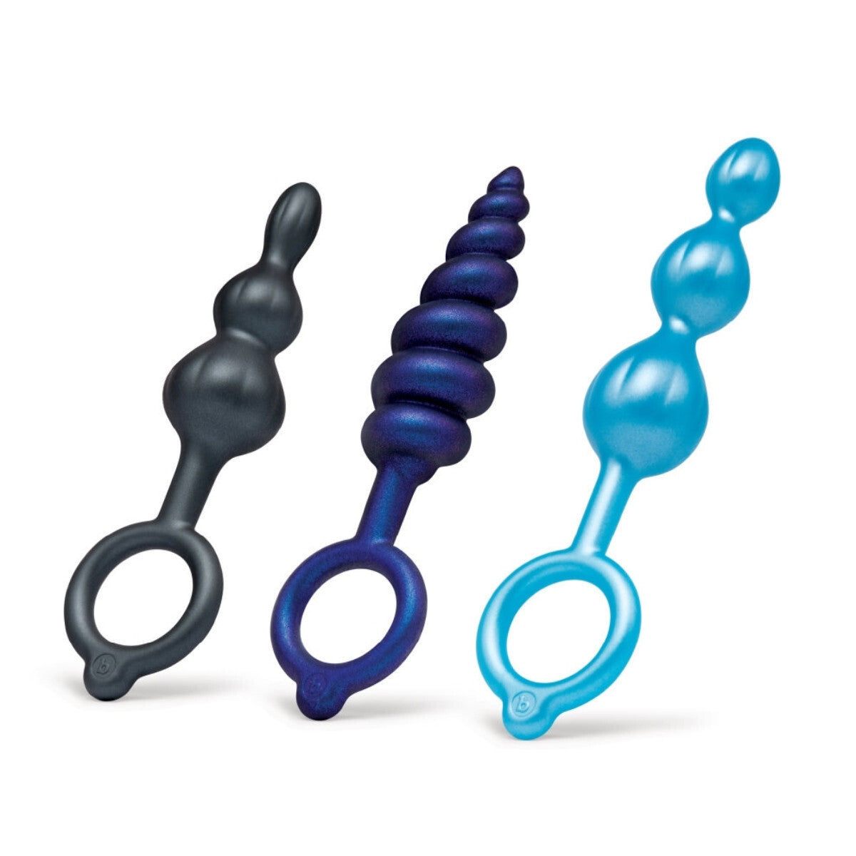 Three silicone anal toys in black, blue, and turquoise on a white background