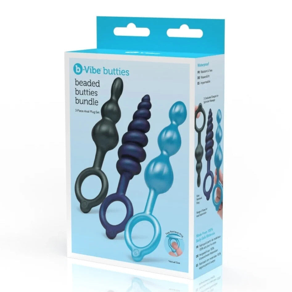Product packaging of 'Vibe Butties' with blue and black items on a white background