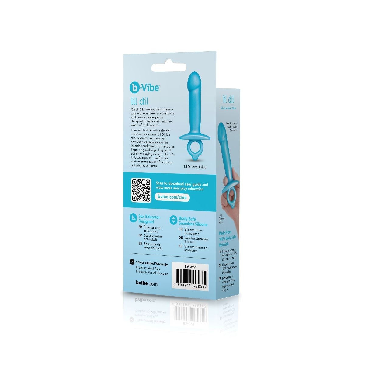 B-Vibe product packaging with blue and white design on a white background
