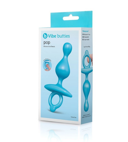 Blue 'b-Vibe butties pop' packaging on a white background
