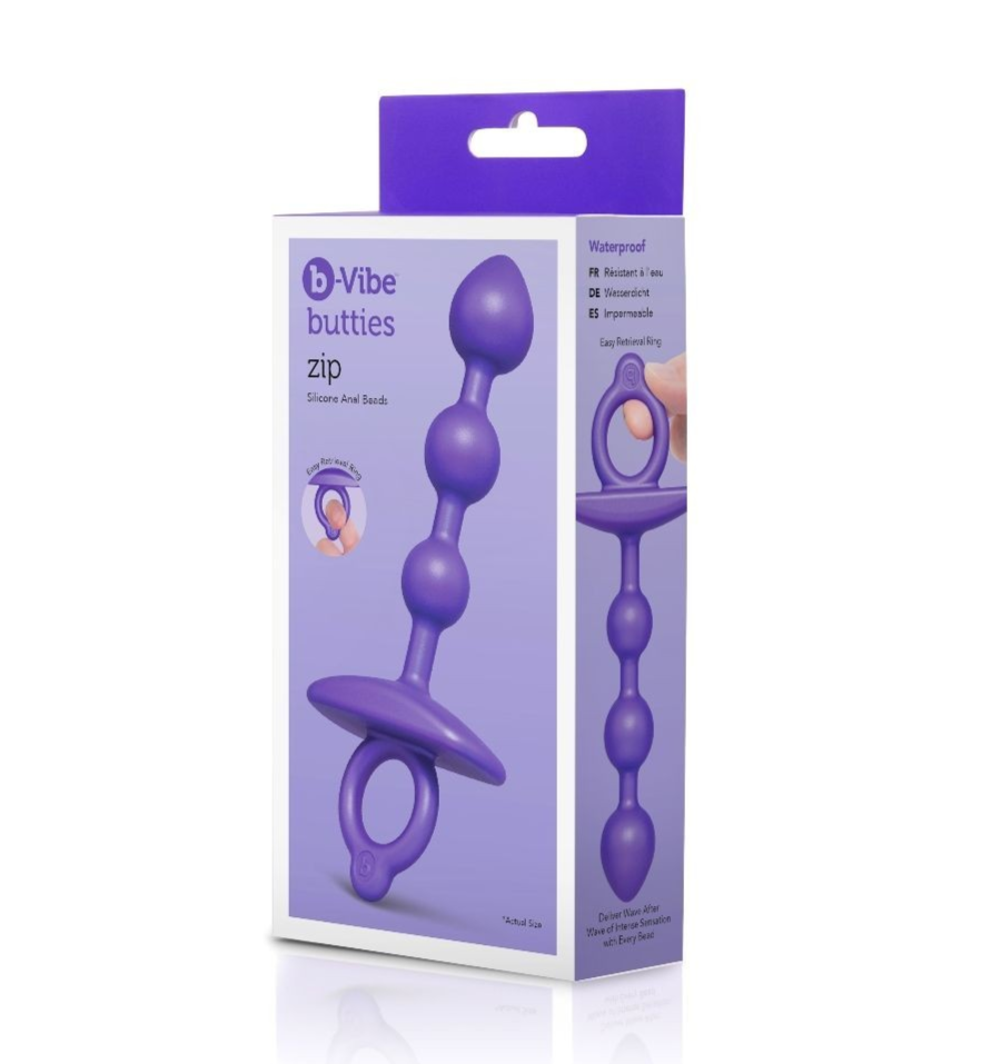 Purple b-Vibe butties zip product packaging on a white background