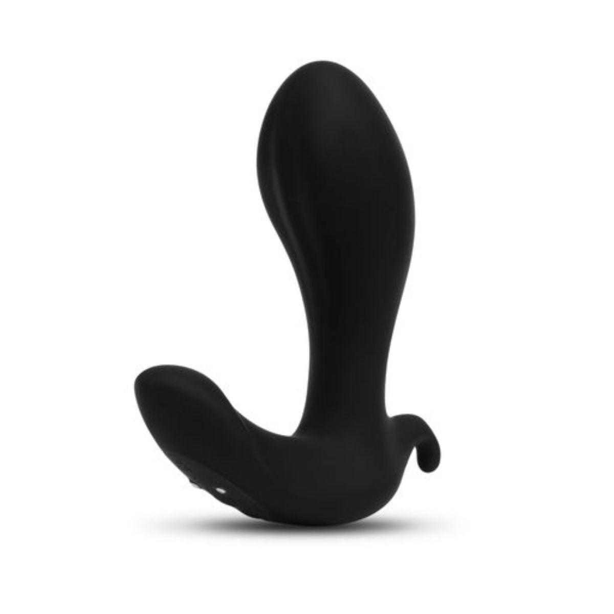 Black silicone butt plug on a white background