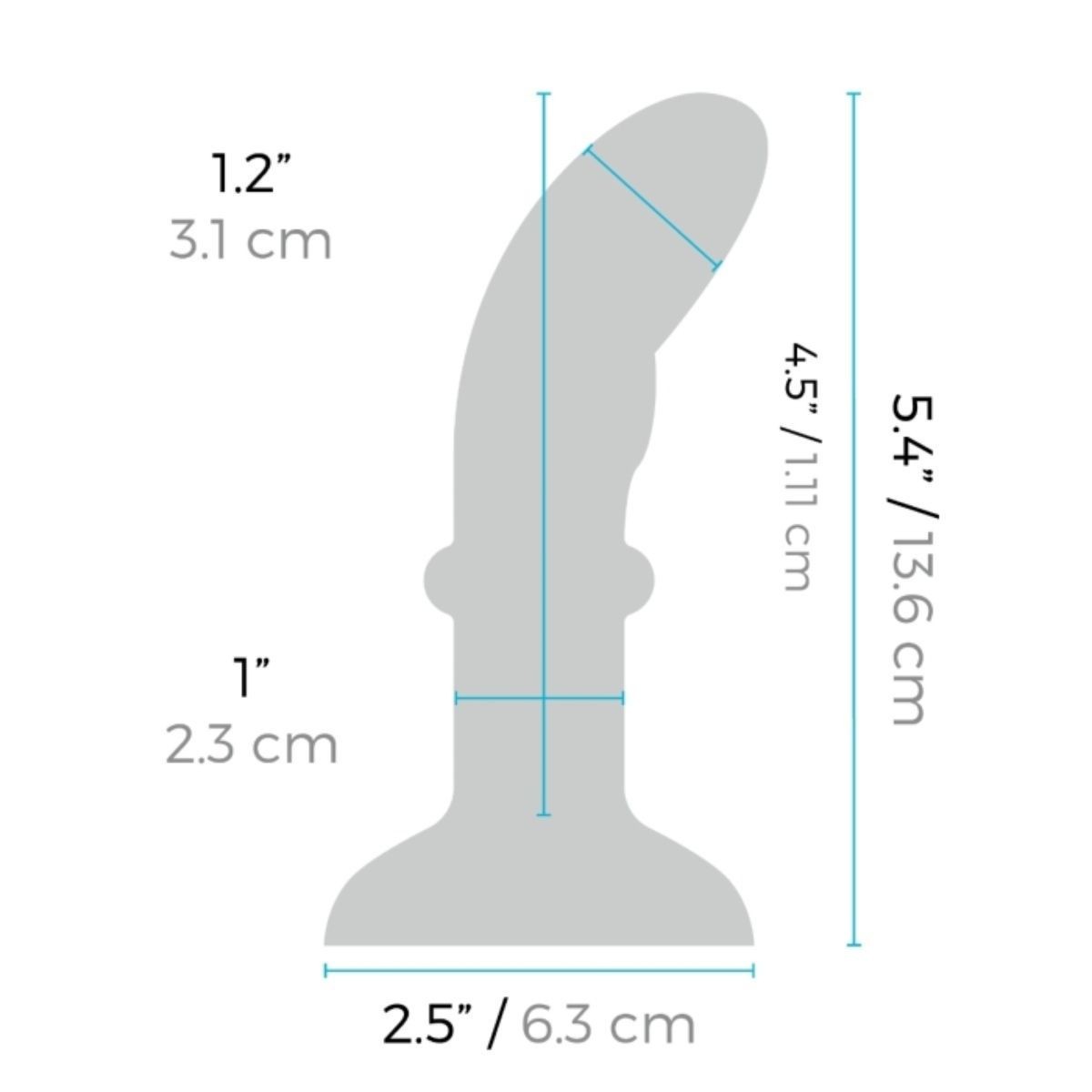 Measurement chart of a gray object with dimensions labeled in inches and centimeters.