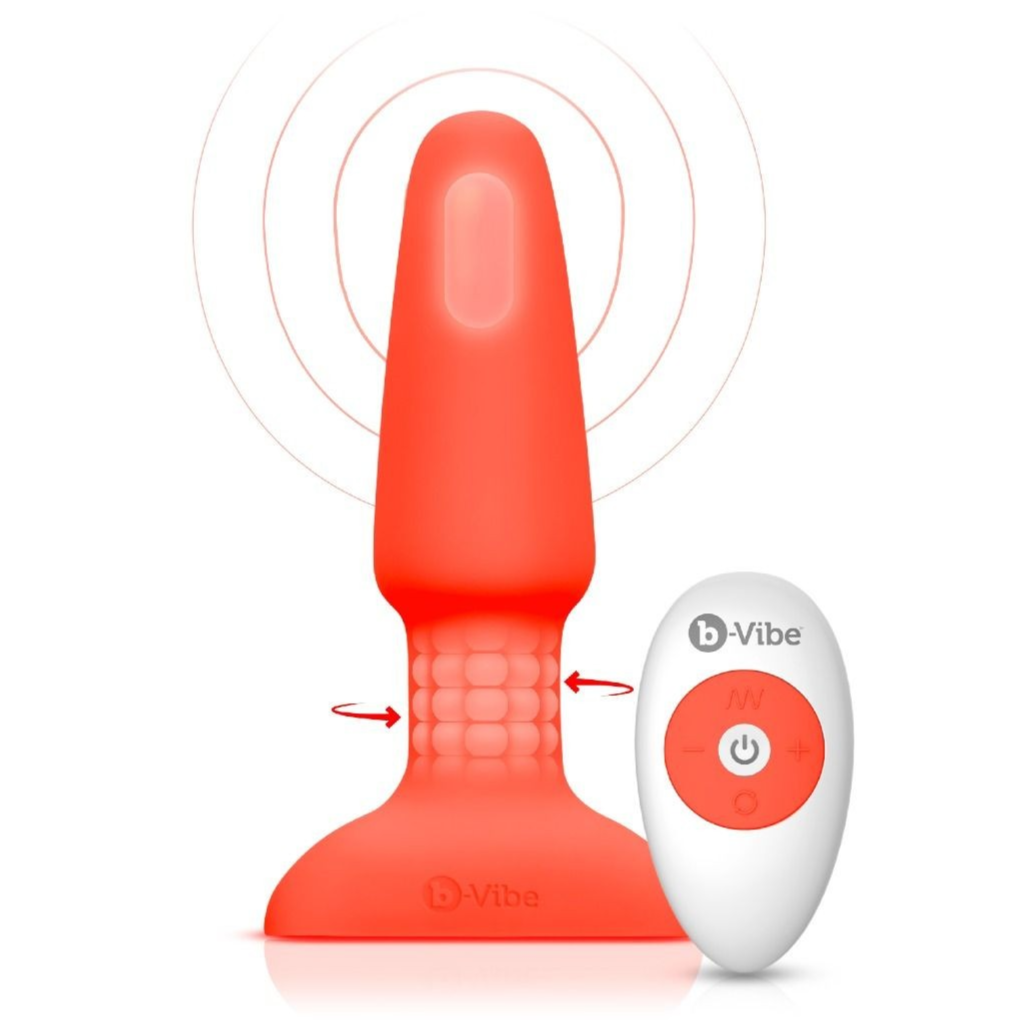 Red silicone sex toy with remote control on a white background