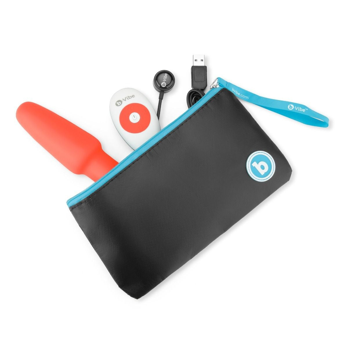 Black pouch with blue zipper containing a red object, white device, black earbuds, and USB cable on a white background.