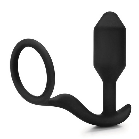 Black silicone butt plug on a white background