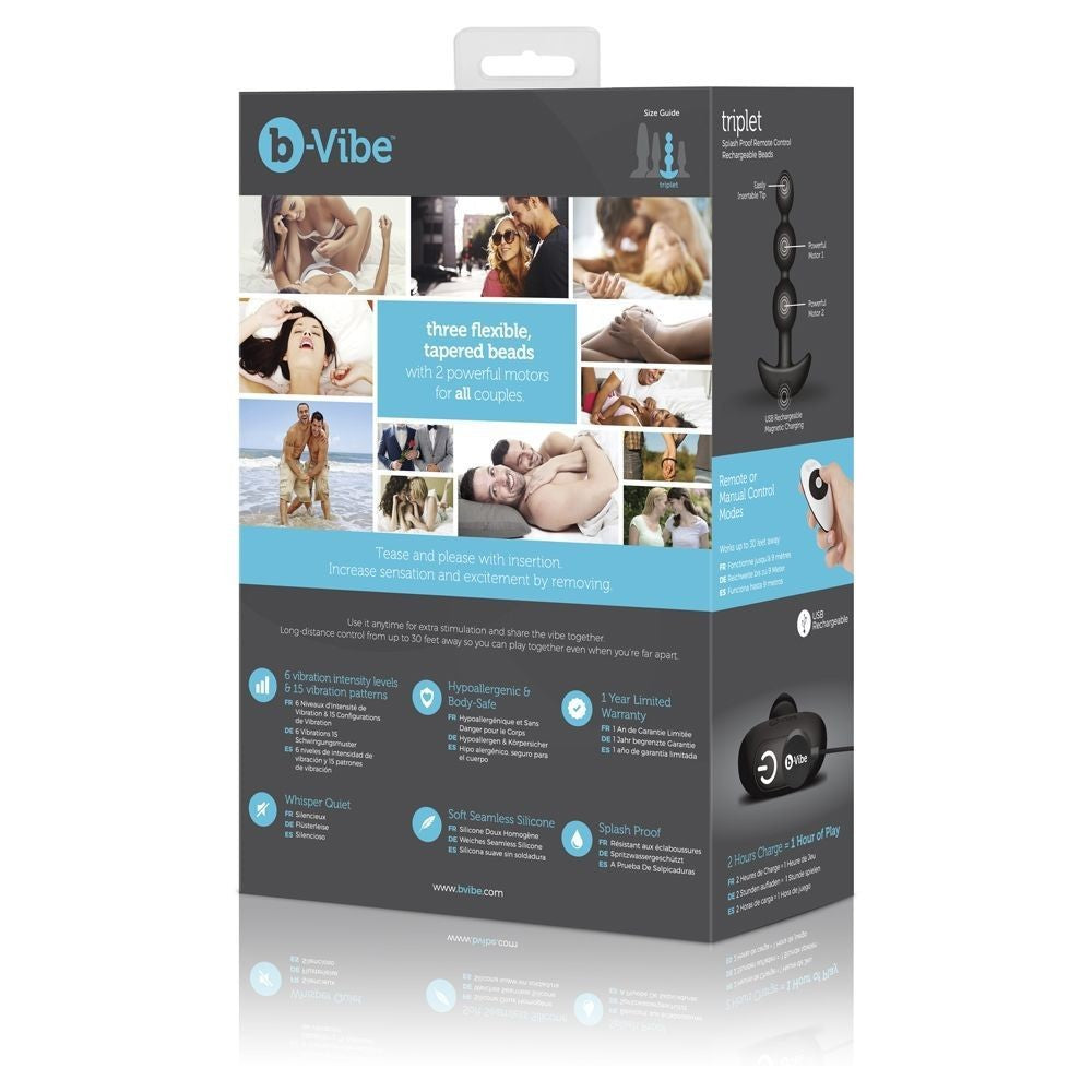 B-Vibe product packaging with images of people using the product on a white background