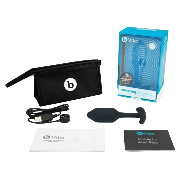 B-Vibe product set including packaging, USB cable, and manual on a white background