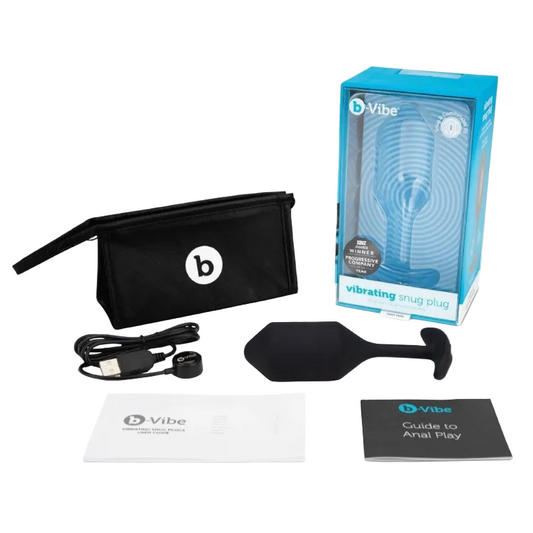 Vibe product set with packaging, black pouch, USB cable, and guide on a white background