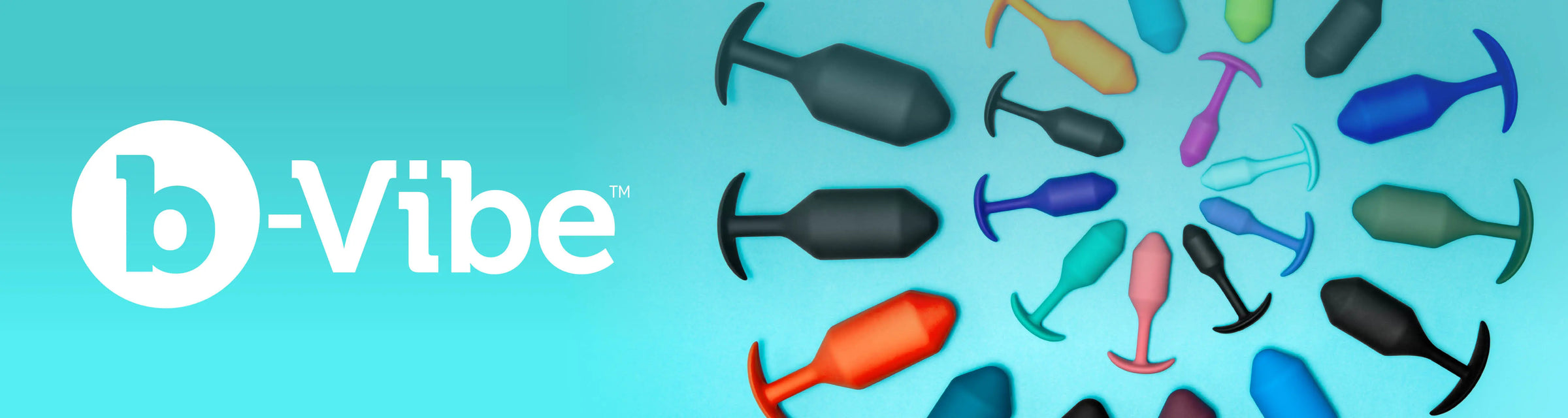 Collection of colorful anal plugs on a blue background with 'b-Vibe' branding.