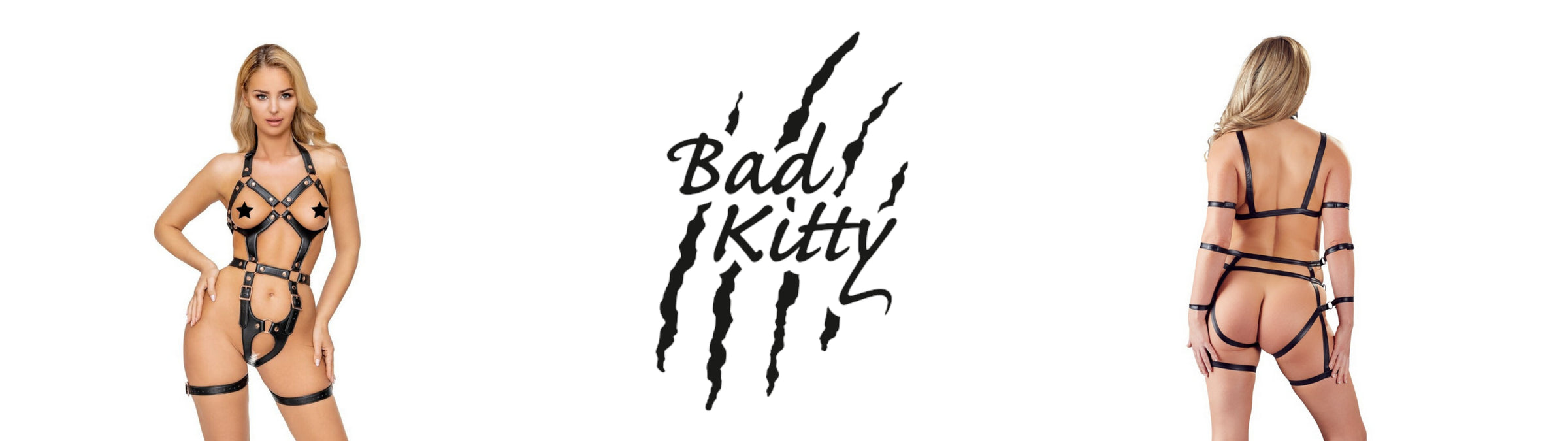 Two models wearing strappy outfits with 'Bad Kitty' branding in the center.