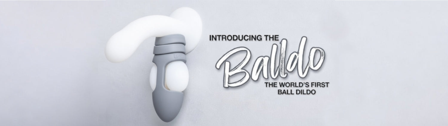 Advertisement for Balldlo, the world's first ball dildo, on a light gray background.