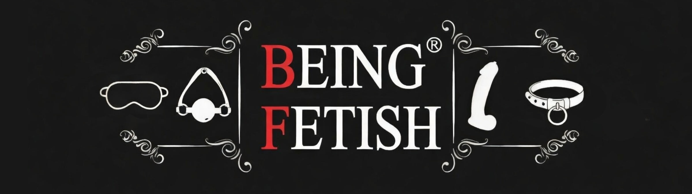 Logo of 'Being Fetish' with related accessories on a black background