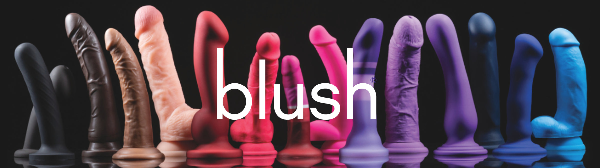 Colorful silicone dildos displayed in a row with 'blush' branding.