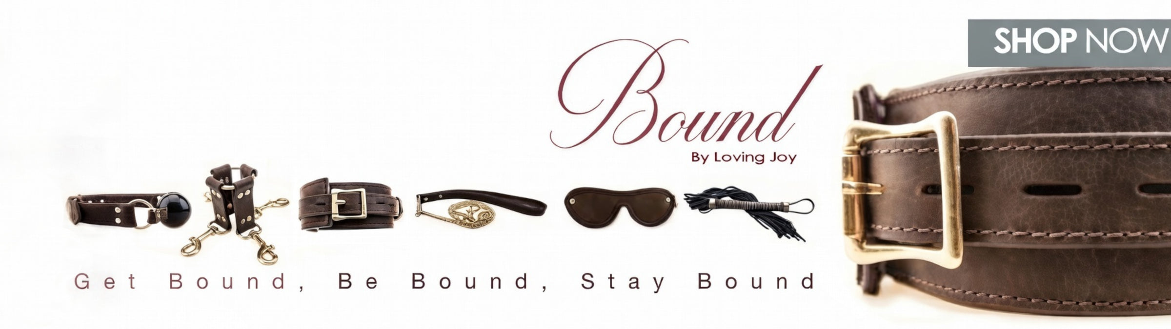 Collection of bdsm products including a collar, leash, and harness with 'Bound' branding.